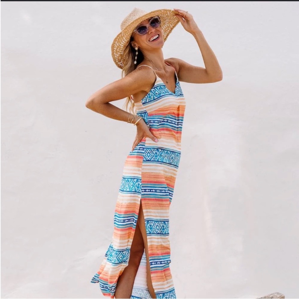 Kenny Flowers Striped Orange and Blue Maxi Dress